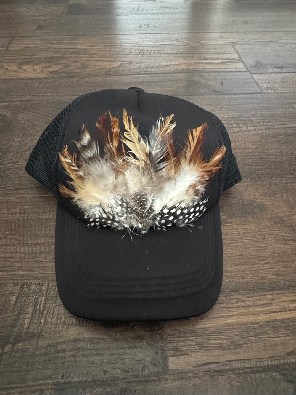Black Feather Embellished Trucker Hat